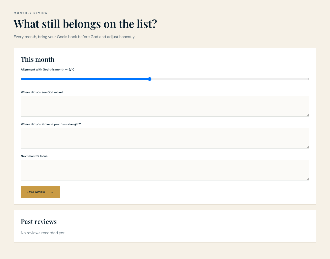 The monthly review form with an alignment slider and reflection prompts