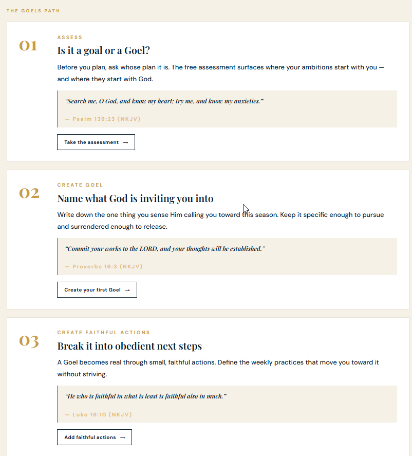 The GoELs Path welcome page listing the first steps: Assess, Create Goel, and Create faithful actions